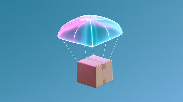 3D render illustration of a cardboard delivery package descending safely with a glowing iridescent neon parachute on a solid blue background