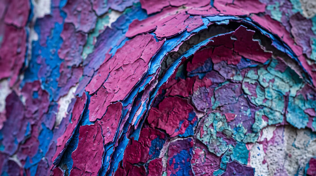 Macro close-up of peeling, layered paint on a weathered surface, showing cracked magenta, blue, and teal flakes curling away from a textured wall