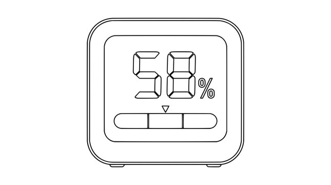 Black line art illustration of a square digital humidity monitor with two-digit percentage readout and triangle marker above a button bar rendered with thin lines in front view for climate control