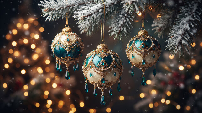 Teal and Gold Christmas Ornaments on Snowy Evergreen Branch
Three Ornate Baubles Hanging With Festive Bokeh
Elegant Christmas Ornaments With Snow and Warm Lights
Teal and Gold Holiday Decor on Pine Br