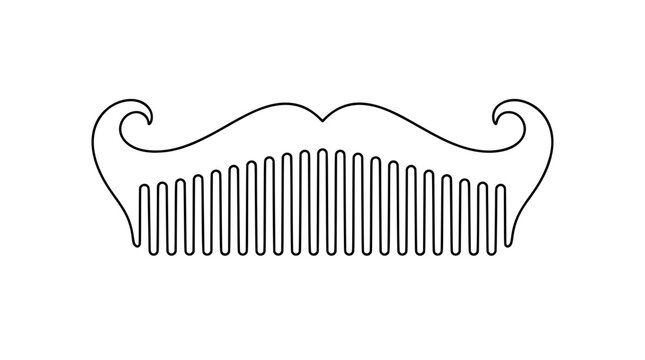 Black outline vector icon of a mustache shaped comb with curled outer tips and straight teeth arranged in a single row drawn with thin uniform lines in horizontally symmetric decorative style