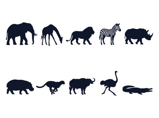 Fototapeta premium Safari Wildlife Animal Silhouette Collection, Elephant, Giraffe, Lion, Zebra and Rhinoceros Vector Set