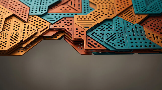 Overlapping geometric metal plates with perforated holes and linear slots in alternating teal and copper orange colors, arranged in a layered architectural pattern