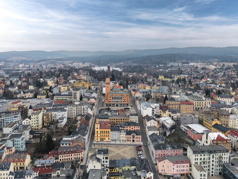 Aerial cityscape of Jablonec nad Nisou, Liberec Region, Czech Republic, showing the New Town Hall, historic center, residential districts and surrounding hills.