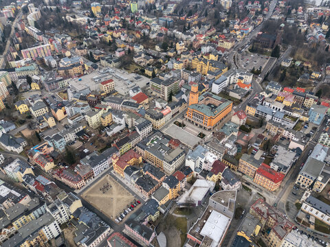 Aerial view over the historic center of Jablonec nad Nisou, Liberec Region, Czech Republic, showing the New Town Hall, squares, streets and surrounding urban blocks.