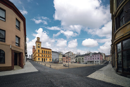Old Town Hall on Lower Square in Jablonec nad Nisou, Liberec Region, Czech Republic, surrounded by historic buildings and a broad cobbled urban square.
