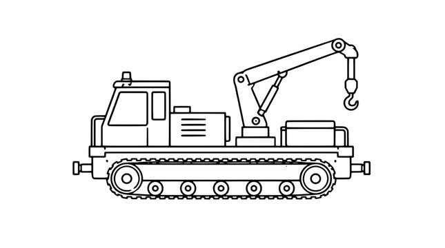 Black outline vector icon of a tracked maintenance crane vehicle with cab boom hook and crawler undercarriage rendered with thin lines in centered side view highlighting lifting arm and end buffers