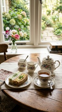 Soft light floods a rustic wooden table. Tea set gleams beside a slice of cake. Flowers bloom in a vase near the window. Garden greens frame the view outside. Cozy, peaceful, and inviting atmosphere