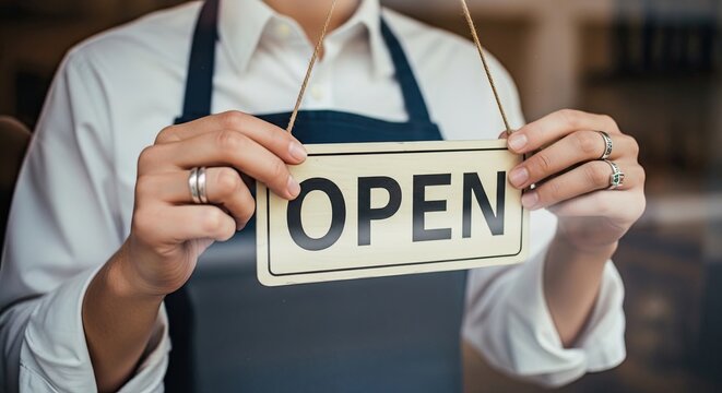 Hands holding a vintage style open sign indicating a business is welcoming customers