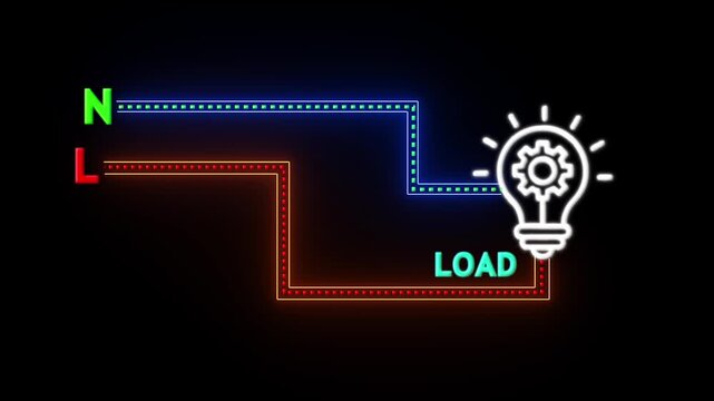 Circuit loading animation with blue and red neon wires and white light bulb icon.