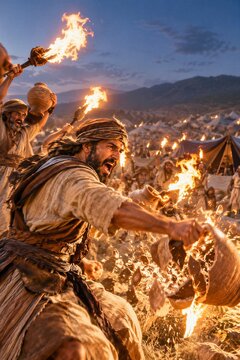 Explosive Close-up of Gideon's Warriors Breaking Jars to Reveal Torches, Capturing the Dynamic Climax of an Ancient Biblical Battle.