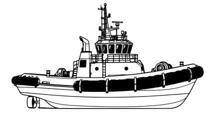 Black outline vector icon of a harbor tugboat with armored rubber side fenders wheelhouse mast and exhaust stack rendered in bold lines in side profile view capturing sturdy workboat proportions © Eric