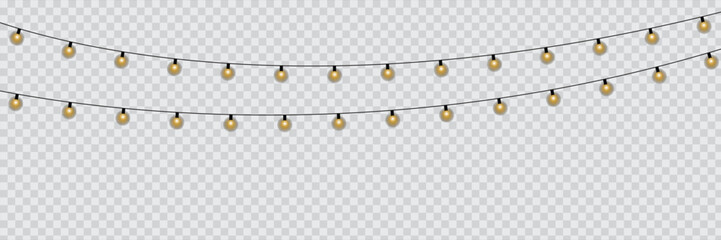 Fototapeta premium Realistic string of golden glowing light bulbs hanging on a wire, festive decorative garland for holidays, celebrations, and events, a transparent background