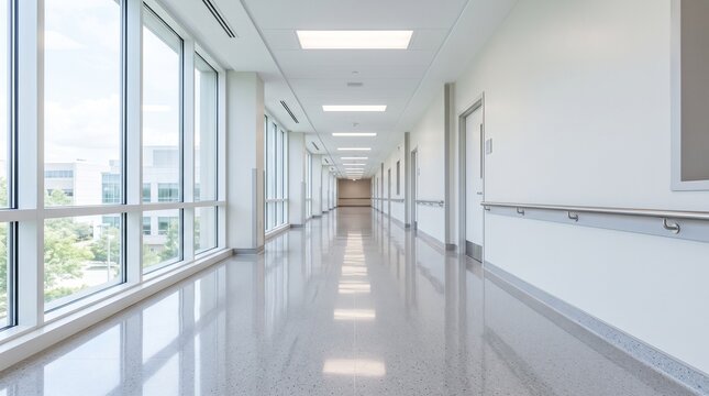 Empty hospital corridor with large windows and reflective flooring  