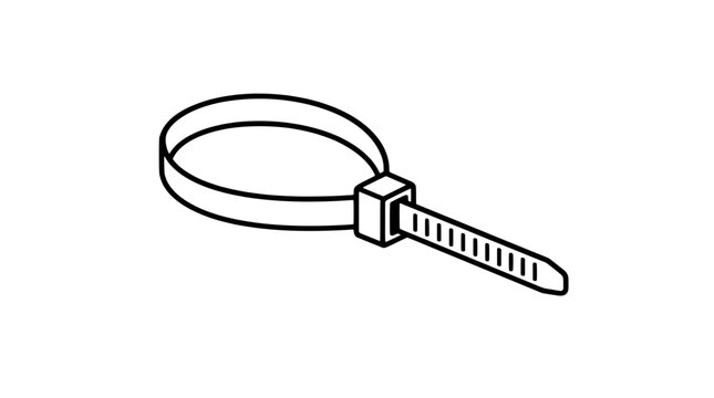 Black outline vector icon of a nylon zip tie fastener forming a closed oval loop through a square locking head with a long tapered ridged tail extending diagonally in medium lines layout