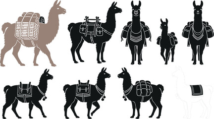 Fototapeta premium Llama and Alpaca Silhouette Icon Set with Traditional Andean Pack Saddles and Luggage Cargo Bags for South American Traveling Designs