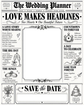 'Save the Date' for the upcoming wedding in a newspaper-style design with playful subtitles, romantic symbols, and blank copy space
