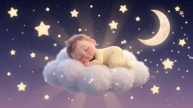 Slow motion tracking shot of sleeping baby lying on cloud with crescent moon and twinkling stars in night sky with soft pastel background