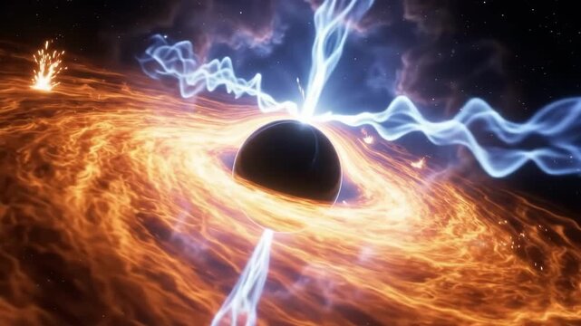 Tracking shot orbiting black hole with glowing accretion disk swirling and emitting jets in deep outer space galaxy cosmos
