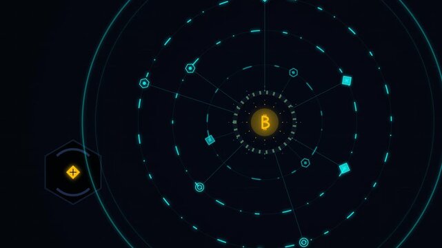 Digital cryptocurrency network security architecture with encrypted protocol tunnel connecting nodes in a futuristic interface