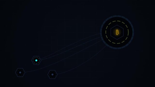 Digital cryptocurrency network node concept showing blockchain data transfer and futuristic cyber connection on dark background
