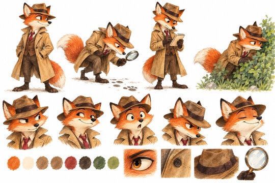 Detective fox character design sheet, anthropomorphic fox investigator in trench coat and fedora, cute animal spy illustration set for games