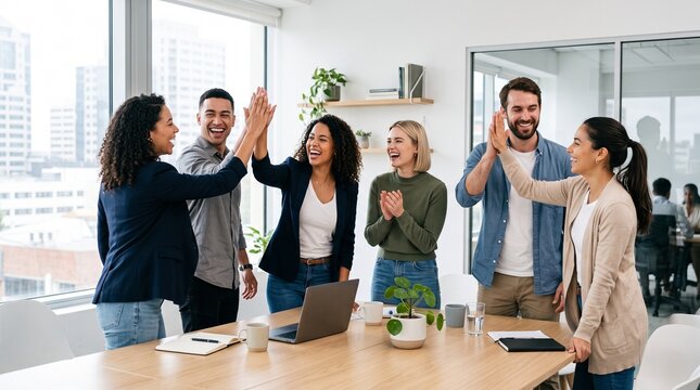 Diverse team celebrating success with high fives in a modern office setting with city views