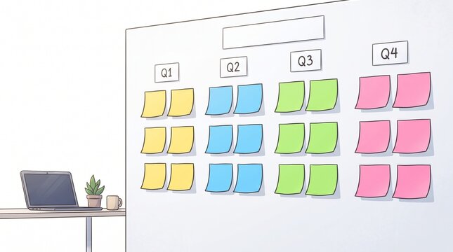 Business planning board with sticky notes organized by quarter and color coding on a whiteboard