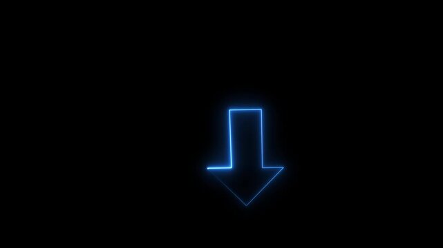 Futuristic Blue Neon Down Arrow Animated Icon, Glowing Line Art Download Motion Graphic on Black Background for Direction Indicator, Scroll Down Pointer, Lowering and Cyberpunk UI Overlay