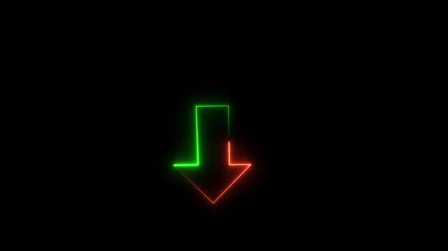 Futuristic Red Green Neon Down Arrow Animated Icon, Glowing Line Art Download Motion Graphic on Black Background for Direction Indicator, Scroll Down Pointer and Cyberpunk UI Overlay.4k