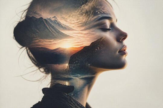 Woman double exposed facing right in mountain landscape