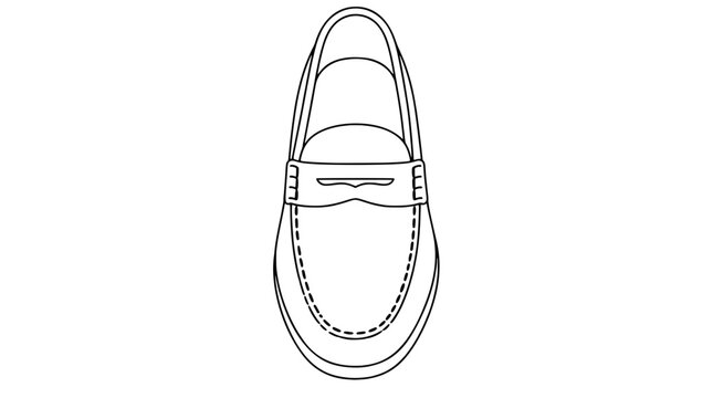Black outline vector icon of a classic penny loafer shoe viewed from above with strap saddle dashed toe stitching and rounded sole drawn with thin black lines in vertical top down perspective