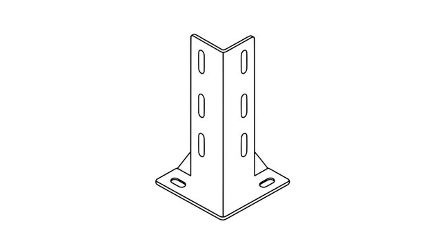 Black outline vector icon of an L shaped slotted mounting bracket with perforated upright arms and square base plate drawn with thin precise lines in isometric view displaying structural symmetry