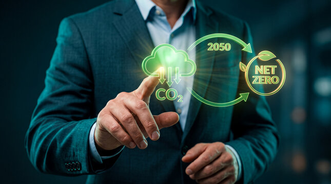 Businessman pointing at a glowing green cloud with CO2 reduction arrows and a leaf, symbolizing net zero 2050, carbon emissions control, climate action, and sustainable economy.