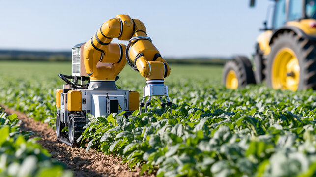 Agricultural robot monitoring crop rows beside a traditional tractor, contrast between conventional and smart farming, agricultural automation, precision technology, agritech