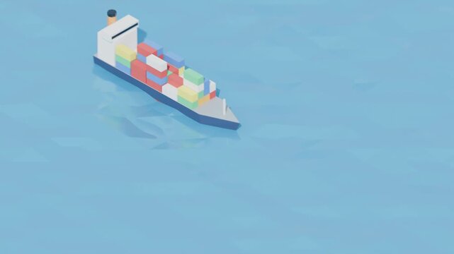 3d shipping container sailing on the ocean, low poly animated shipping route