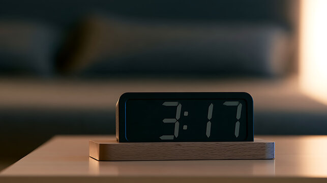 Digital alarm clock glowing in the dark night on bedside wooden table in bedroom interior with soft background blur for sleep concept design