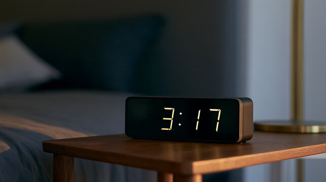 Digital clock display time on wooden nightstand beside cozy bed in dark bedroom interior close up view for sleep schedule and routine