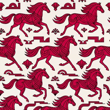 Art Deco Crimson Silk Horse Pattern Vector Illustration