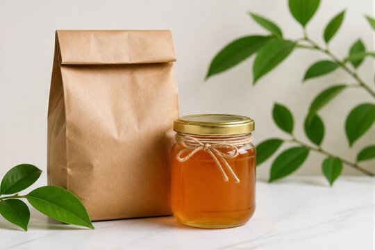 Jar of honey next to paper bag on marble kitchen surface