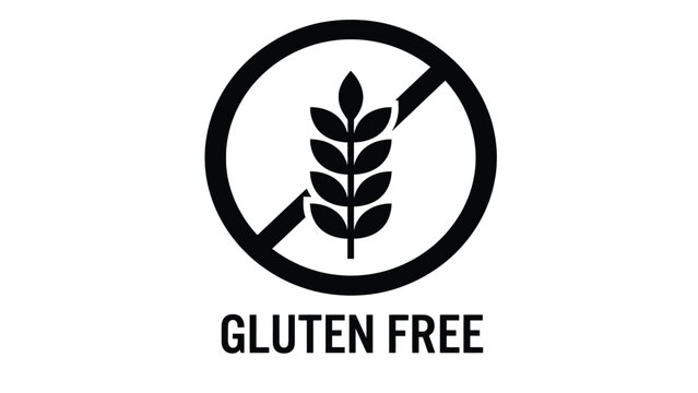 Black silhouette of wheat stalk inside forbidden circle symbol with text spelling out gluten free
