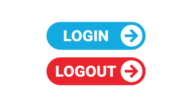 Blue login and red logout buttons featuring white text and directional arrows rendered digitally