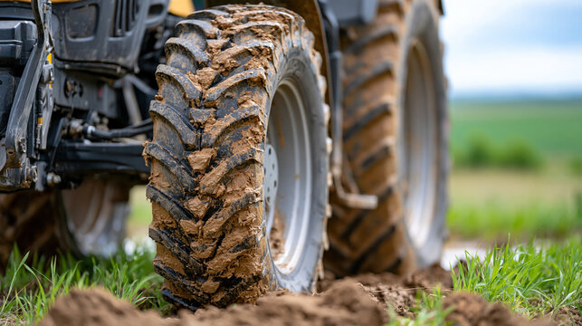 Close-up of muddy tractor tires after intensive fieldwork, agricultural machinery, soil cultivation, harvest season, farm equipment, rugged tread, rural productivity, realistic
