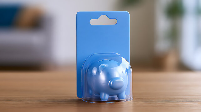 A blue plastic piggy bank packaged in a blister pack on a wooden table inside a bright room, representing finance, savings, and commerce