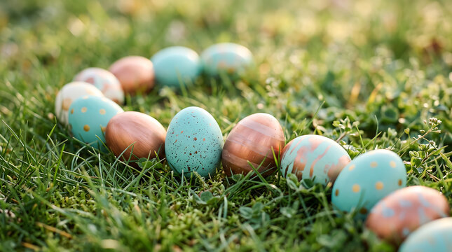 A curved line of decorative easter eggs in pastel blue and metallic copper colors, arranged on a patch of green grass in natural sunlight