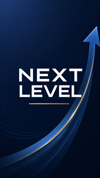 Abstract vertical blue background with rising golden arrow and "NEXT LEVEL" text