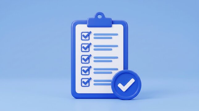 Vibrant 3d render of clipboard with checklist showing completed tasks and successful verification marks