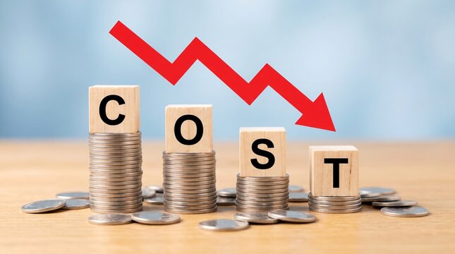 Decreasing business cost represented by wooden blocks spelling cost stacked on top of shiny silver coins