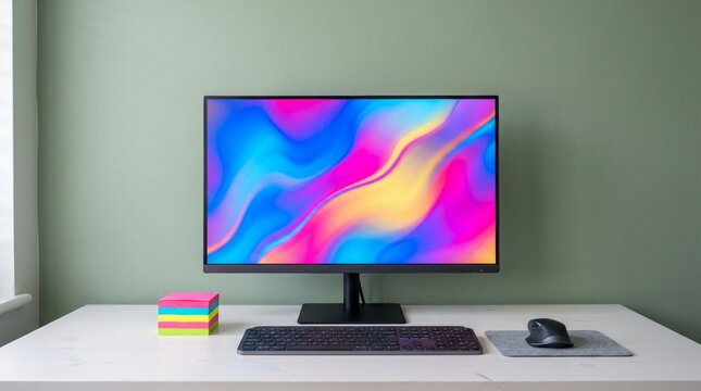 Modern computer monitor displaying vibrant abstract colorful wallpaper sits on clean white desk near colorful sticky notes