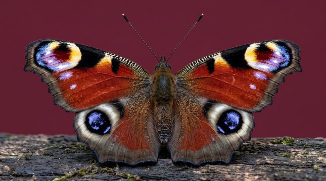 Peacock Butterfly with Large Eyespots on Burgundy Background